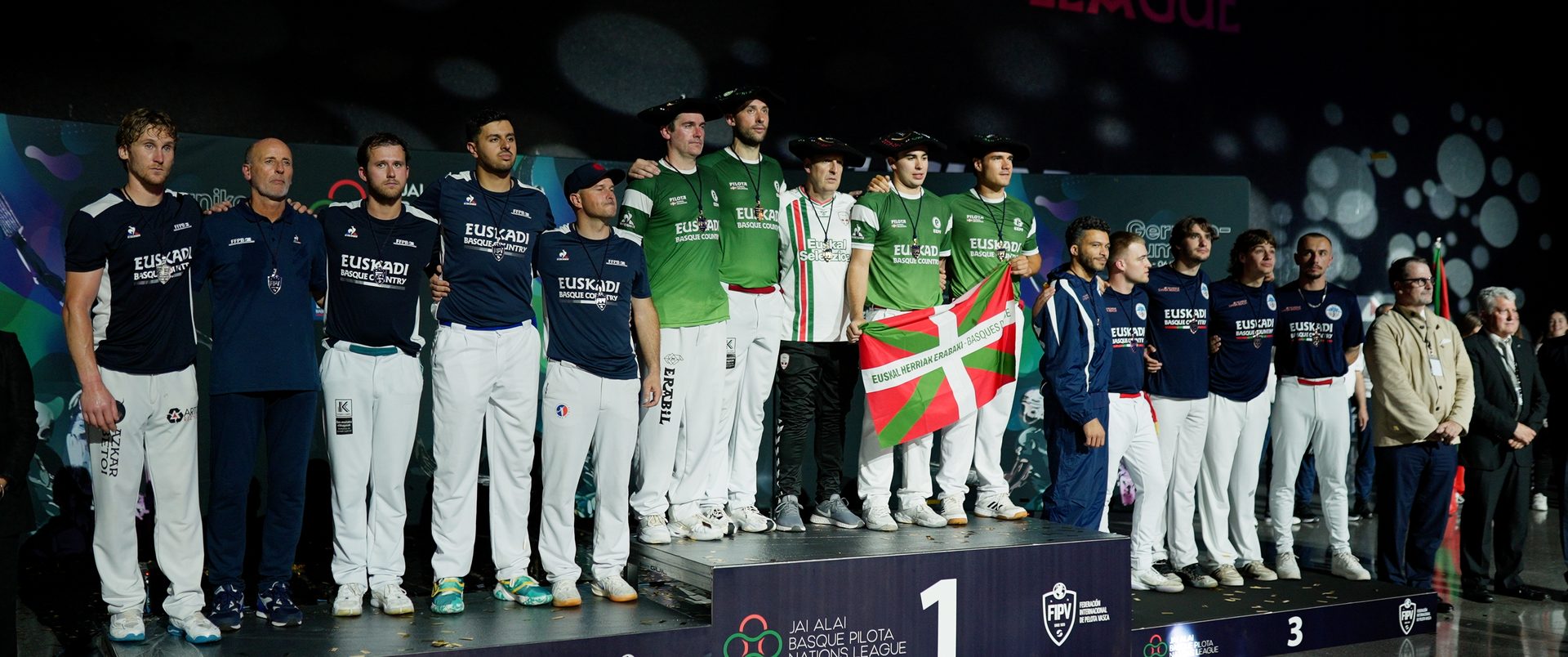 Teams on the podium at the Basque Pilota Nations League